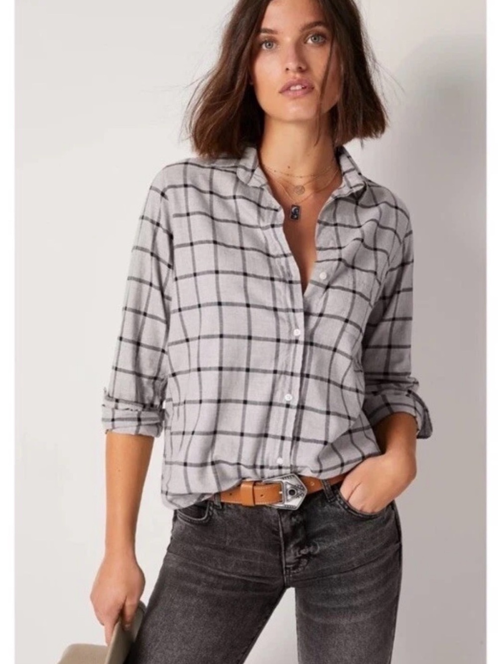 Grayson The Hero Shirt Women Size 2 Gray Plaid Top Button Down Cotton